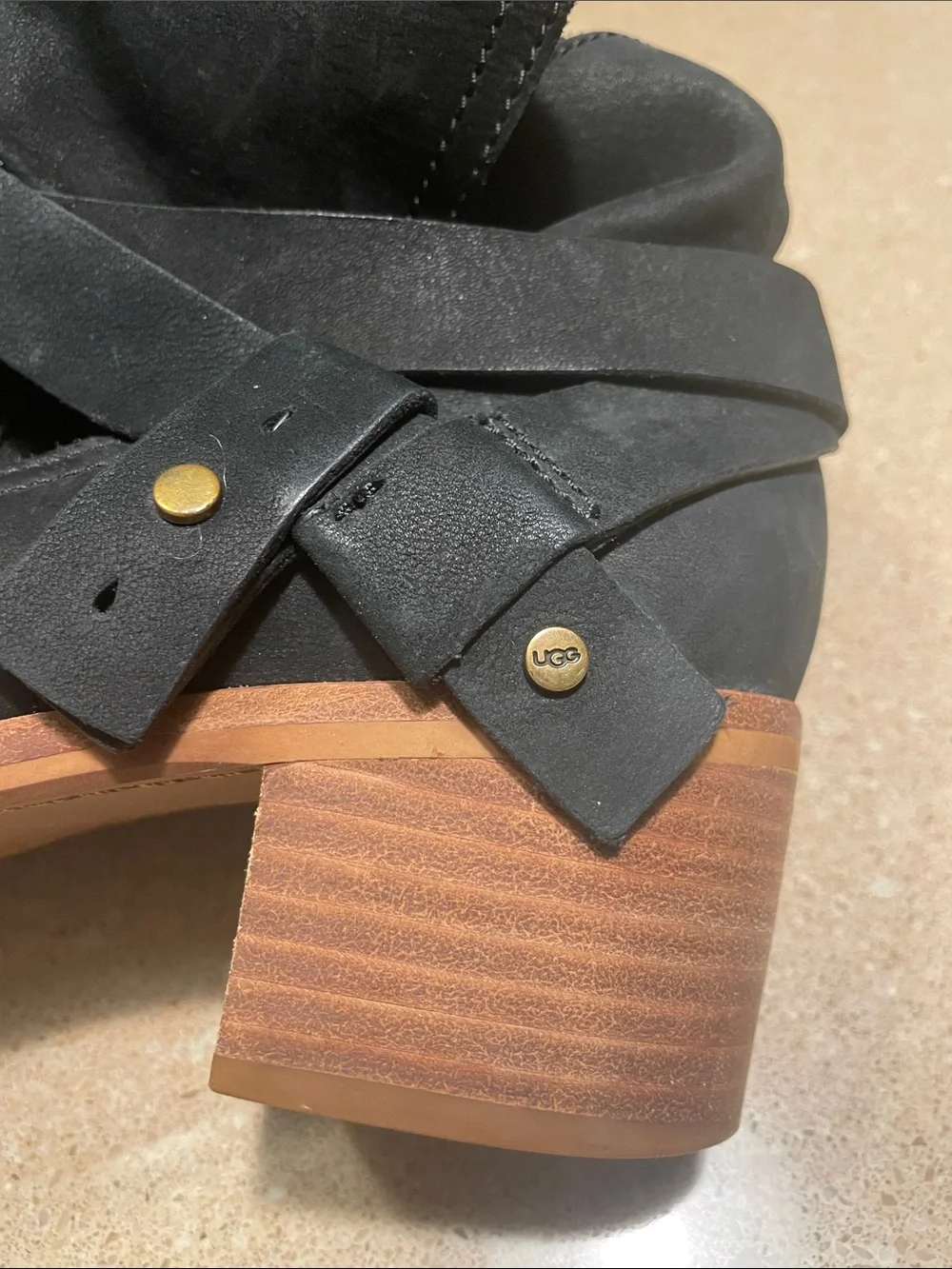 UGG Black Leather Ankle Booties with Wrap Strap